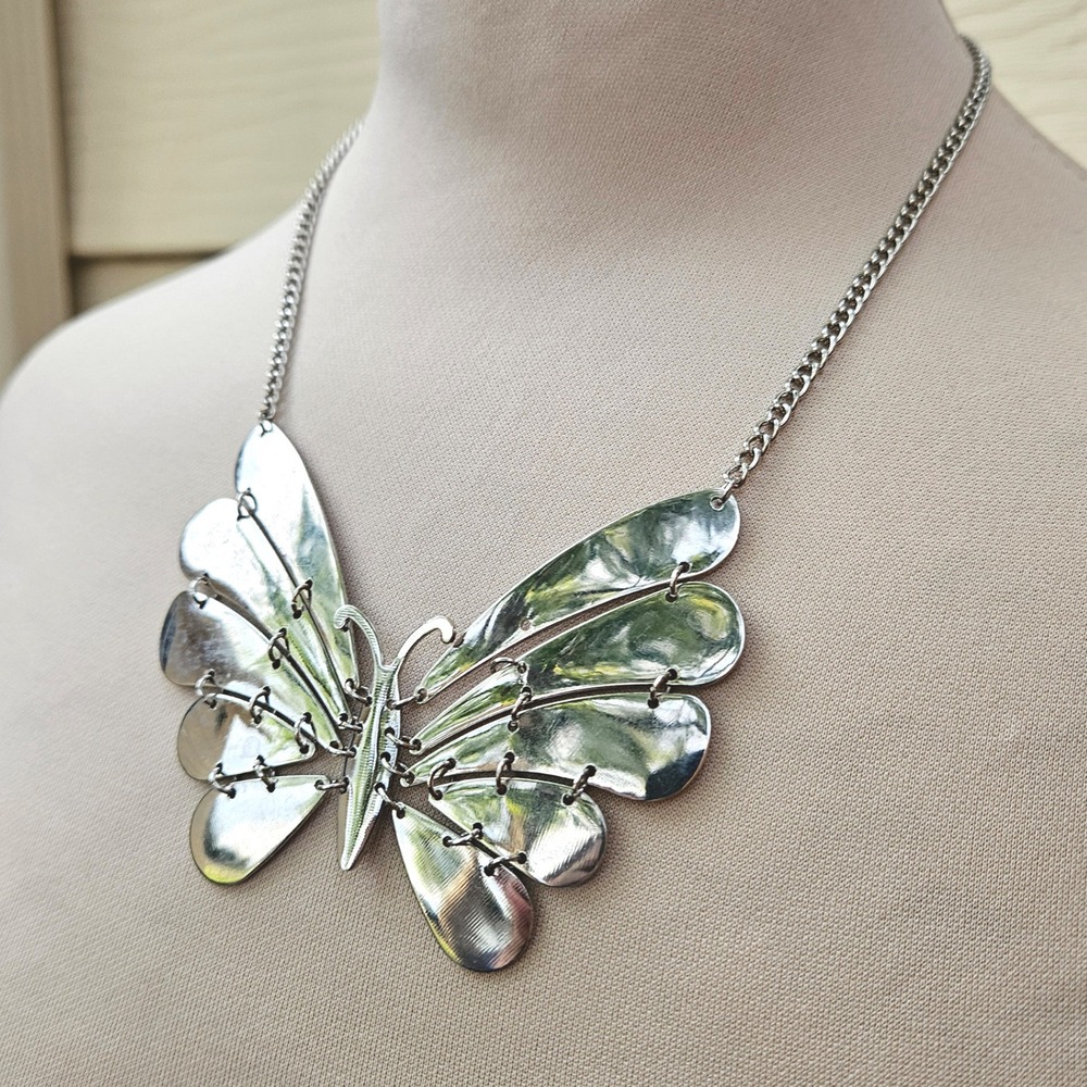 Silver Tone Large Articulated Butterfly Statement Necklace Segmented Wings
